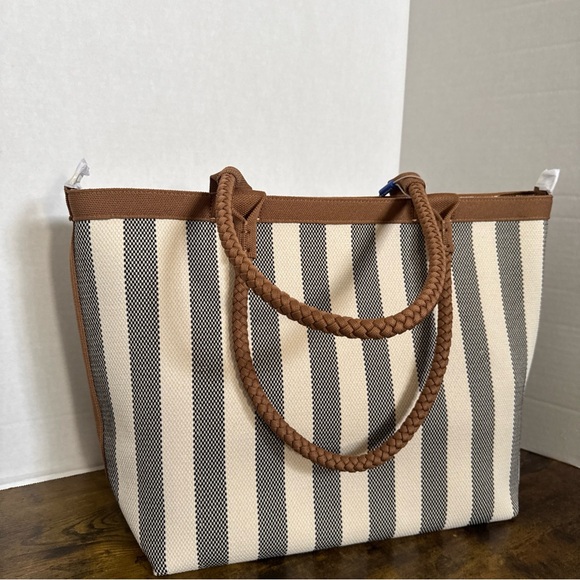 ROTHYS Rothy's The Lightweight Zip Tote Cabana Stripe Cream Black Camel NEW Tags - Picture 7 of 14